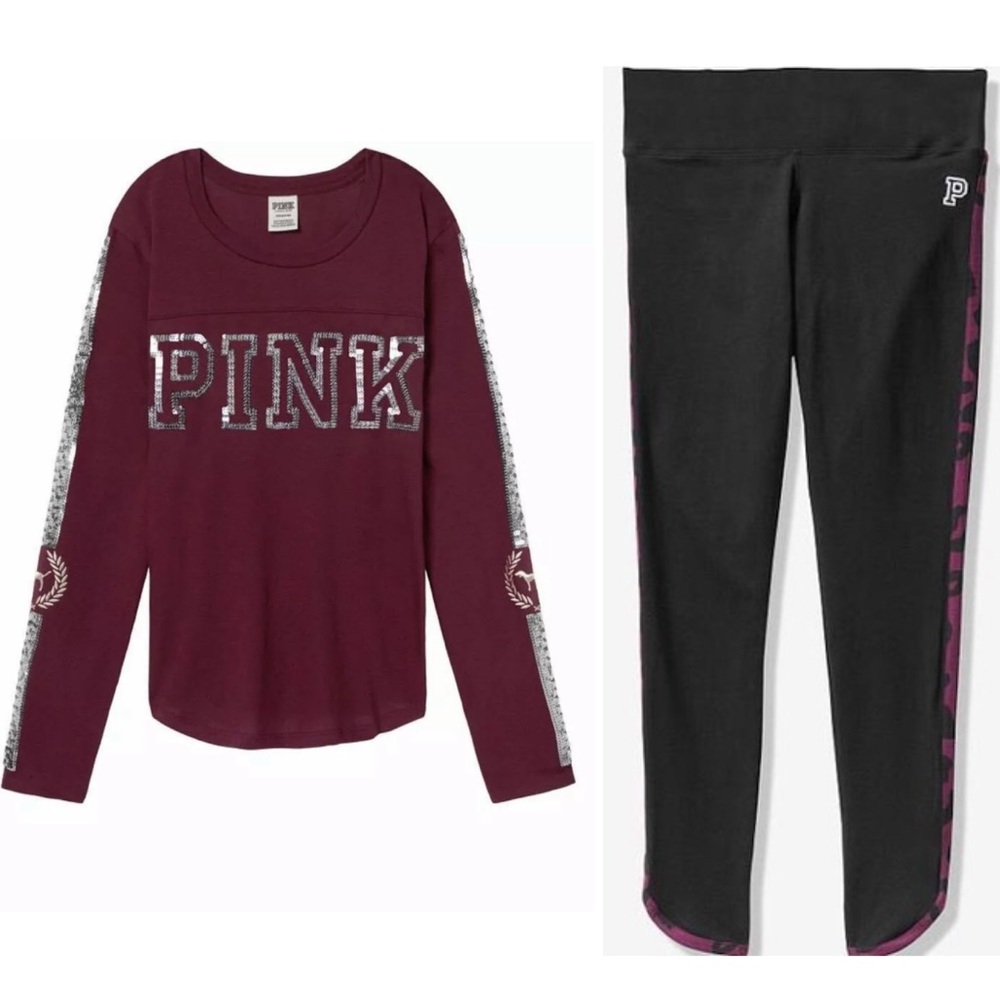VS PINK Bling Maroon Long Sleeve Tee & Legging SET